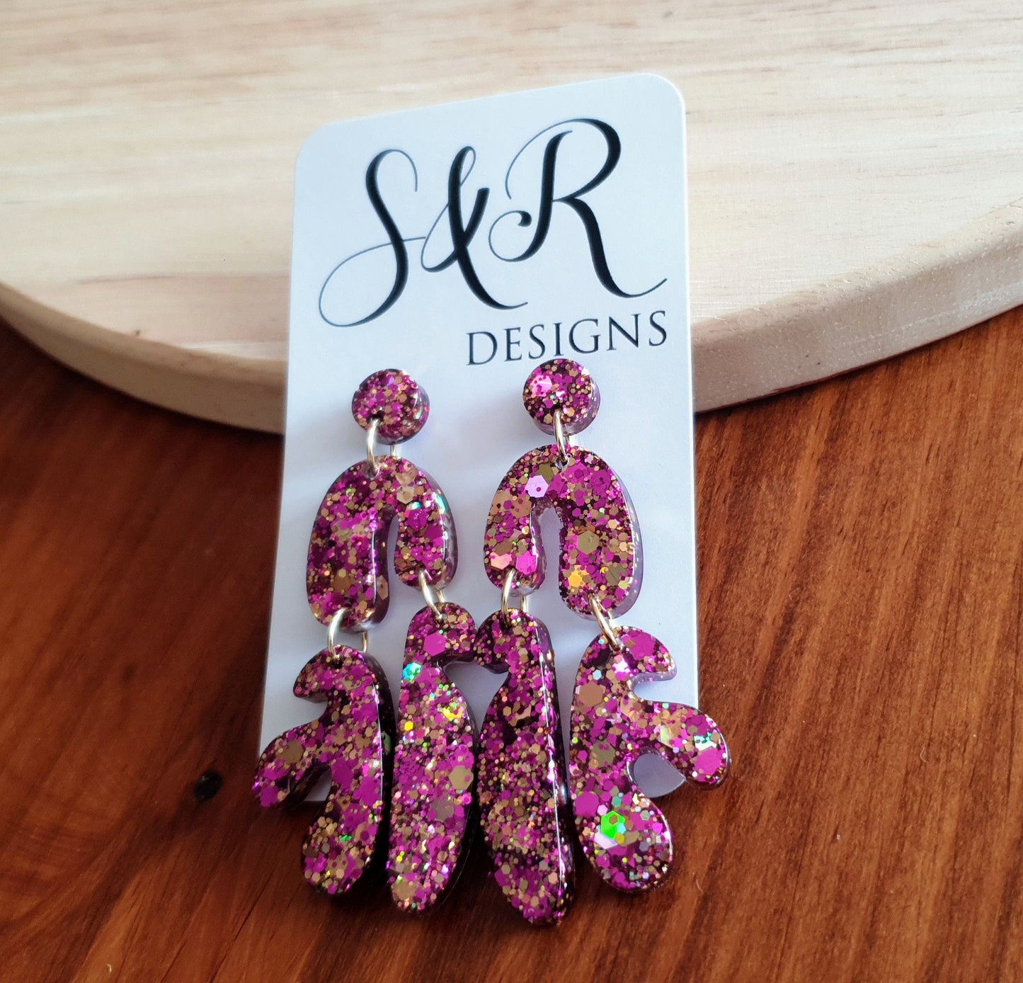Unique Tutti Fruitti Shape Dangle Drop Earrings, Pink Gold Mix Glitter, Statement Handmade Resin Earrings