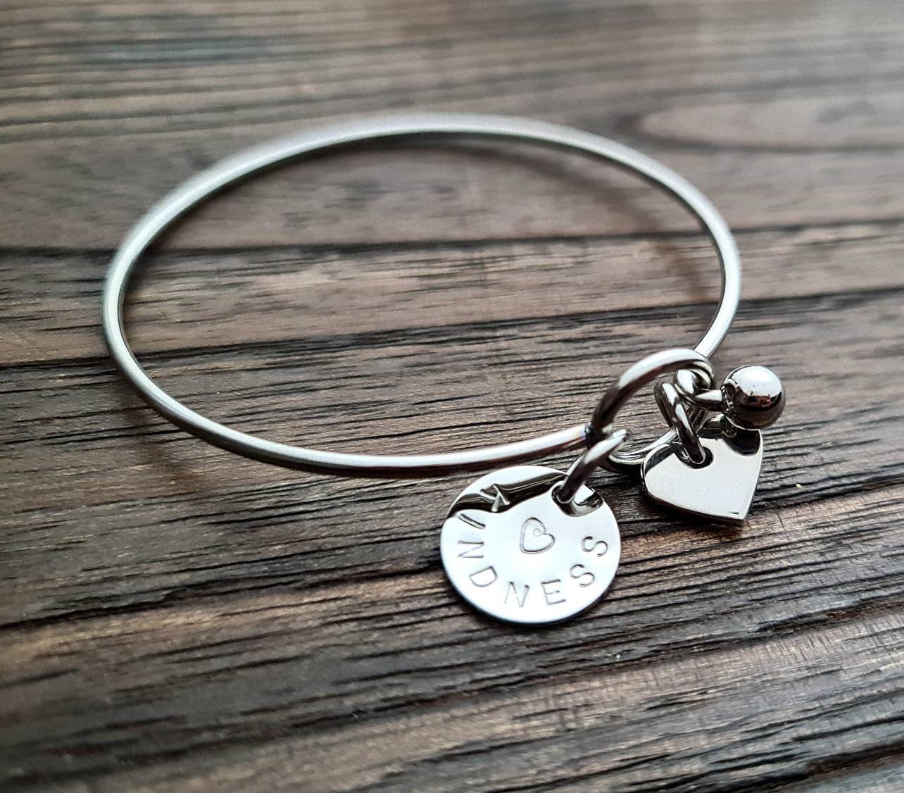 Personalised Hand Stamped Bangle with or without Heart Charm, Personalised Disc, Choose how many Disc Charms you want, Personalized Gift