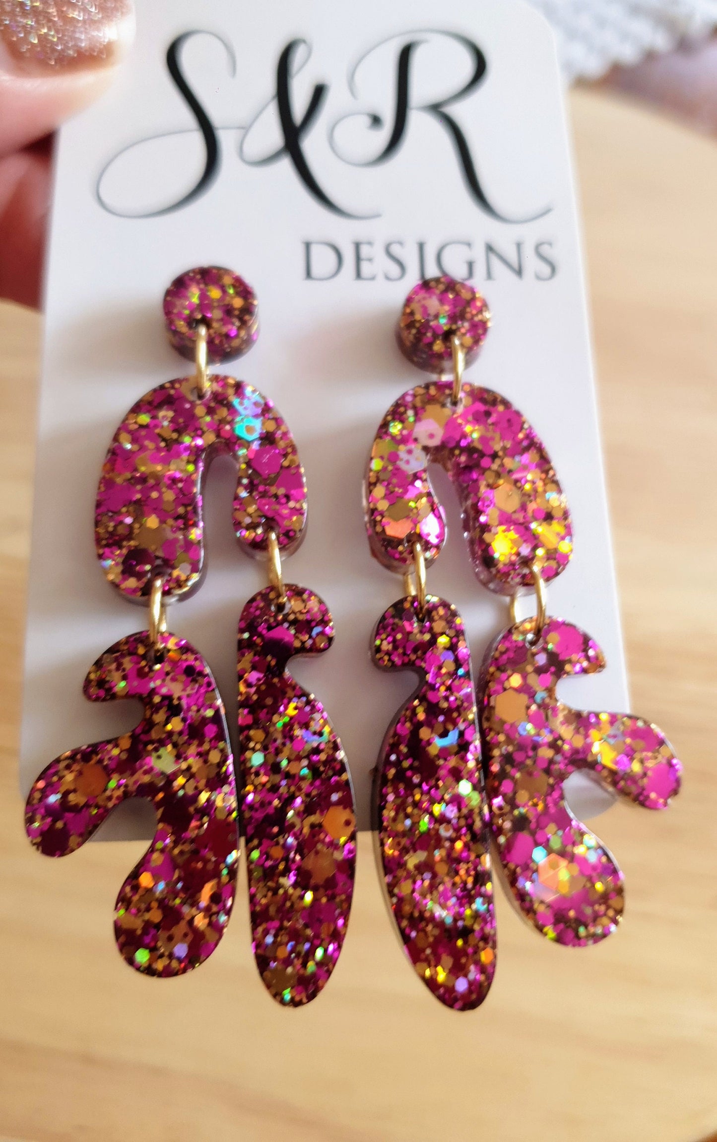 Unique Tutti Fruitti Shape Dangle Drop Earrings, Pink Gold Mix Glitter, Statement Handmade Resin Earrings