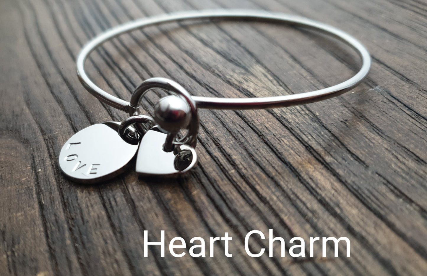 Personalised Hand Stamped Bangle with or without Heart Charm, Personalised Disc, Choose how many Disc Charms you want, Personalized Gift