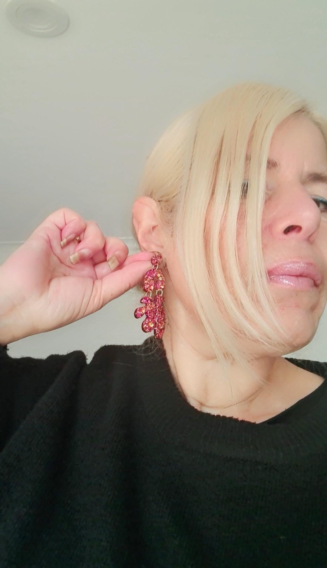 Unique Tutti Fruitti Shape Dangle Drop Earrings, Pink Gold Mix Glitter, Statement Handmade Resin Earrings