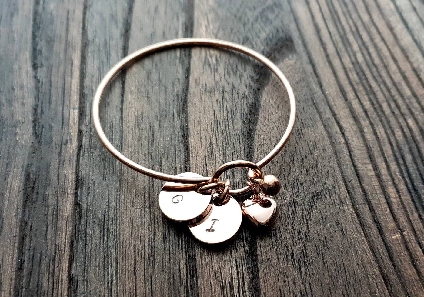 Personalised Hand Stamped Bangle with or without Heart Charm, Personalised Disc, Choose how many Disc Charms you want, Personalized Gift