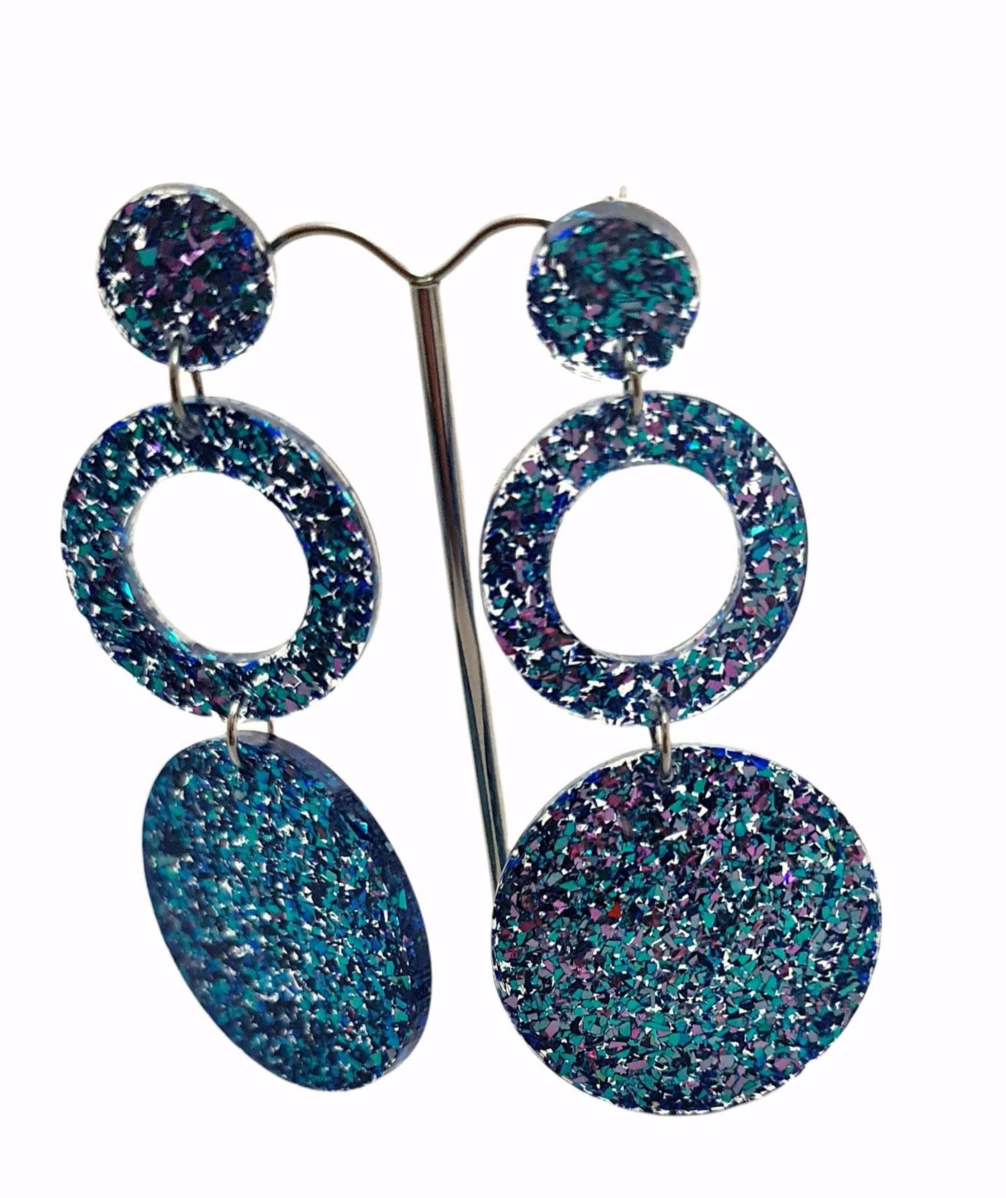 Chameleon Hoop Circle Earrings, Holographic Pink, Blue Glitter Dangle, Statement Earrings, Changes colours on movement.