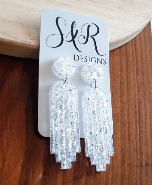 White Mirror Long Rectangle Dangle Drop Earrings, Statement Handmade Resin Gift, Maximalist Stainless Steel Dangles.