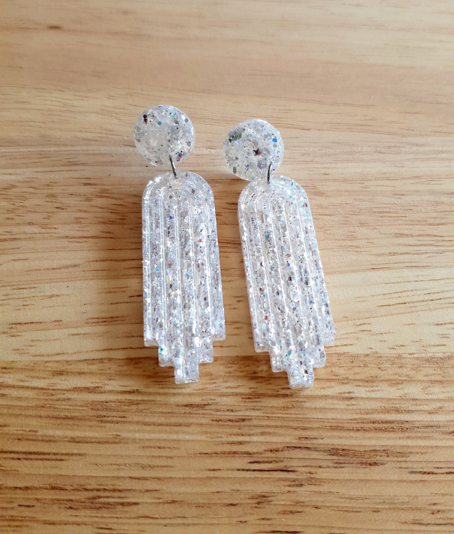 White Mirror Long Rectangle Dangle Drop Earrings, Statement Handmade Resin Gift, Maximalist Stainless Steel Dangles.