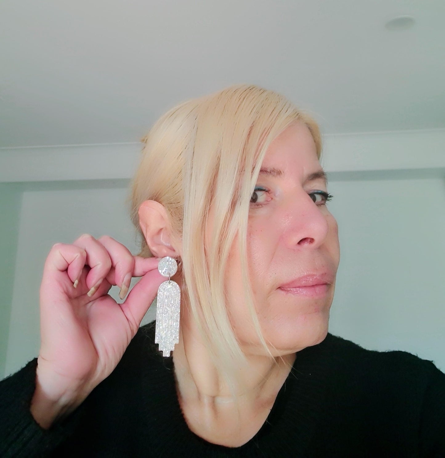 White Mirror Long Rectangle Dangle Drop Earrings, Statement Handmade Resin Gift, Maximalist Stainless Steel Dangles.