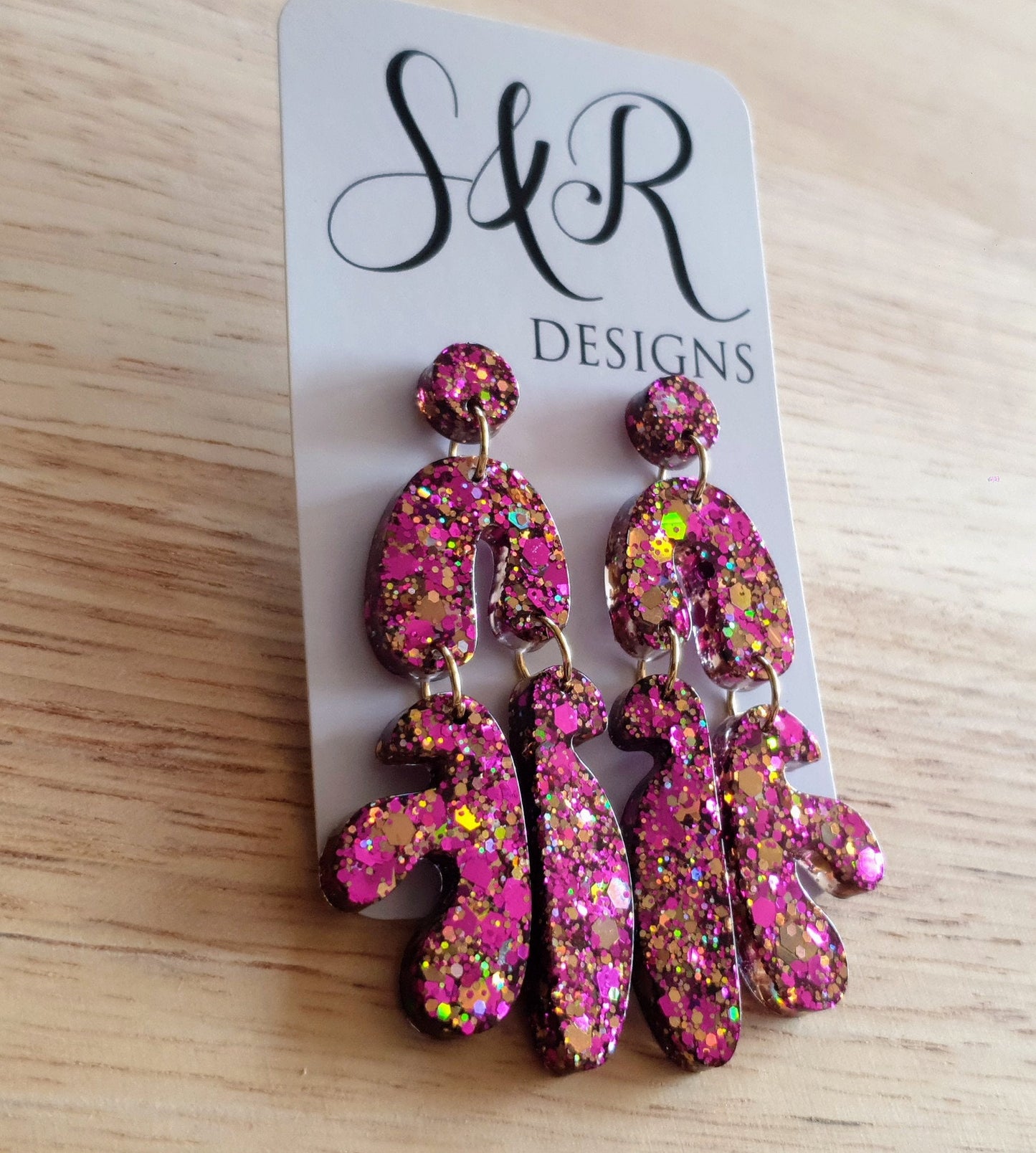 Unique Tutti Fruitti Shape Dangle Drop Earrings, Pink Gold Mix Glitter, Statement Handmade Resin Earrings