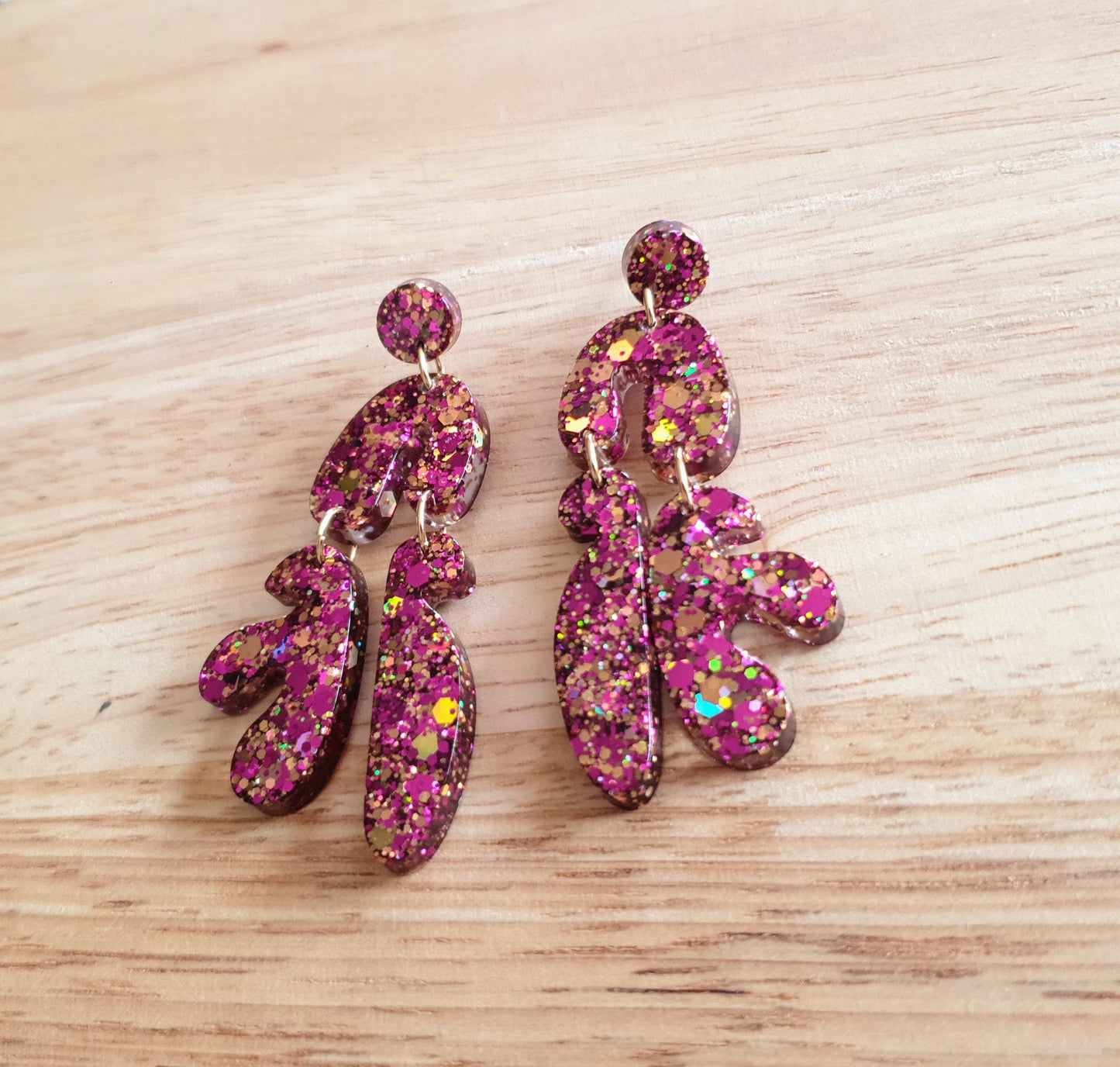 Unique Tutti Fruitti Shape Dangle Drop Earrings, Pink Gold Mix Glitter, Statement Handmade Resin Earrings