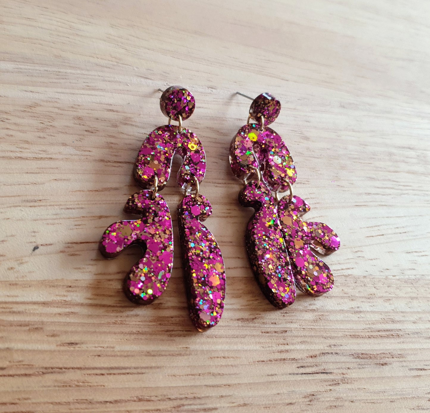 Unique Tutti Fruitti Shape Dangle Drop Earrings, Pink Gold Mix Glitter, Statement Handmade Resin Earrings