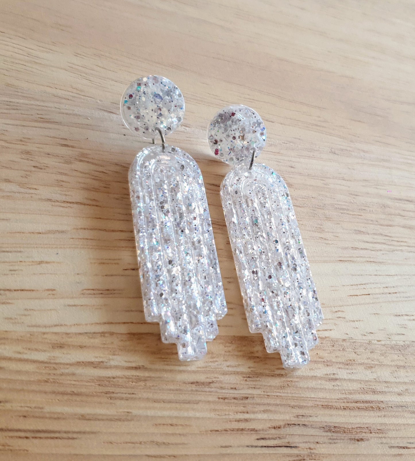 White Mirror Long Rectangle Dangle Drop Earrings, Statement Handmade Resin Gift, Maximalist Stainless Steel Dangles.