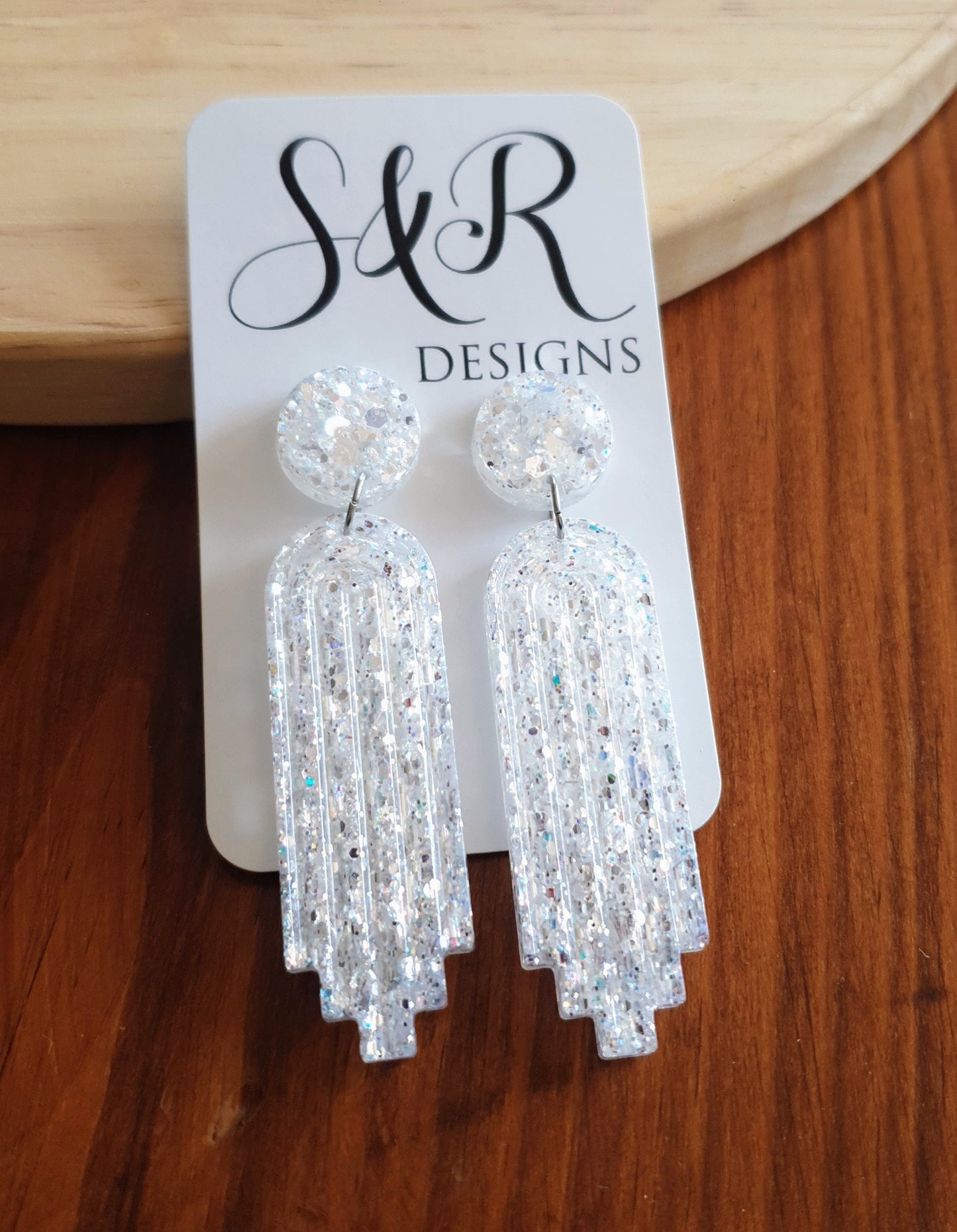 White Mirror Long Rectangle Dangle Drop Earrings, Statement Handmade Resin Gift, Maximalist Stainless Steel Dangles.