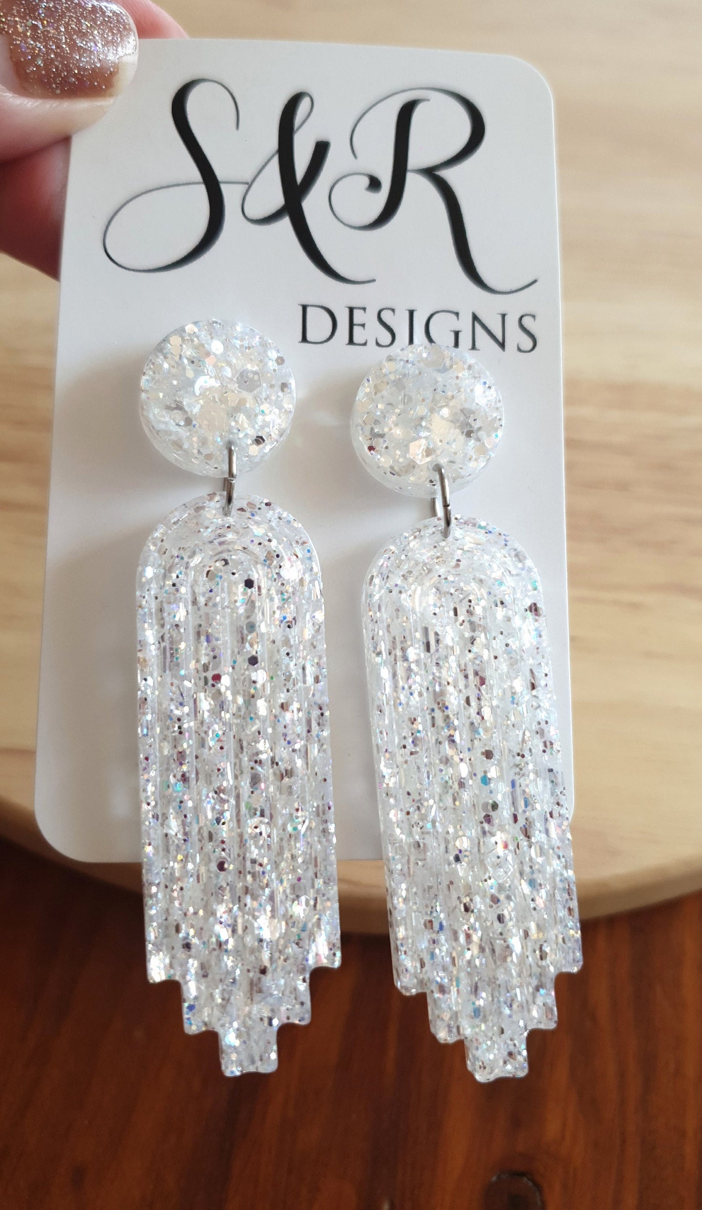 White Mirror Long Rectangle Dangle Drop Earrings, Statement Handmade Resin Gift, Maximalist Stainless Steel Dangles.