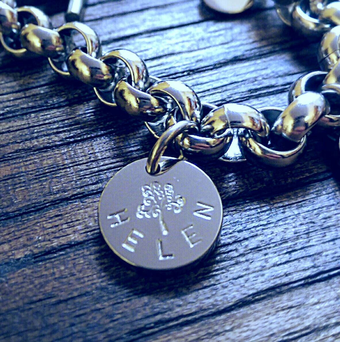 Stainless Steel Rolo Toggle Bracelet with Personalised Hand Stamped Charms and Birthstone Heart Charm.