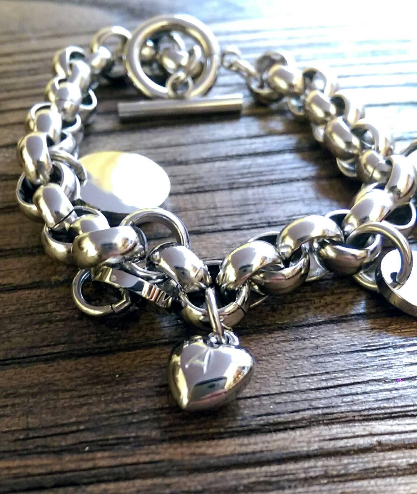 Stainless Steel Rolo Toggle Bracelet with Personalised Hand Stamped Charms and Birthstone Heart Charm.