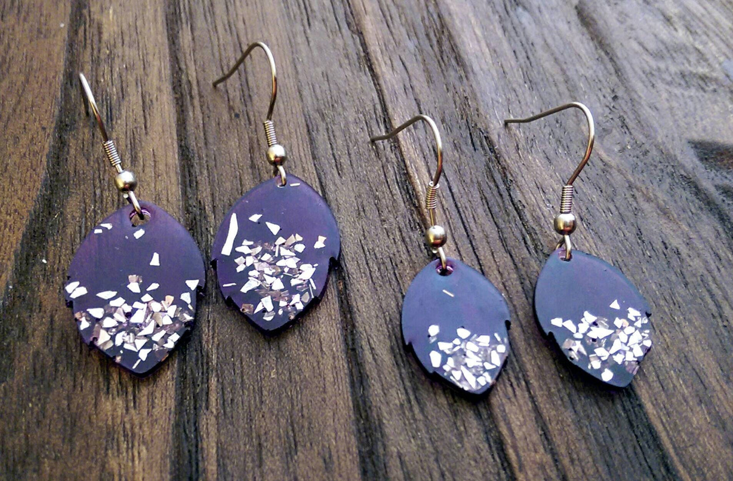 Purple Leaves Resin Long Earrings with Silver Glass Glitter choose size