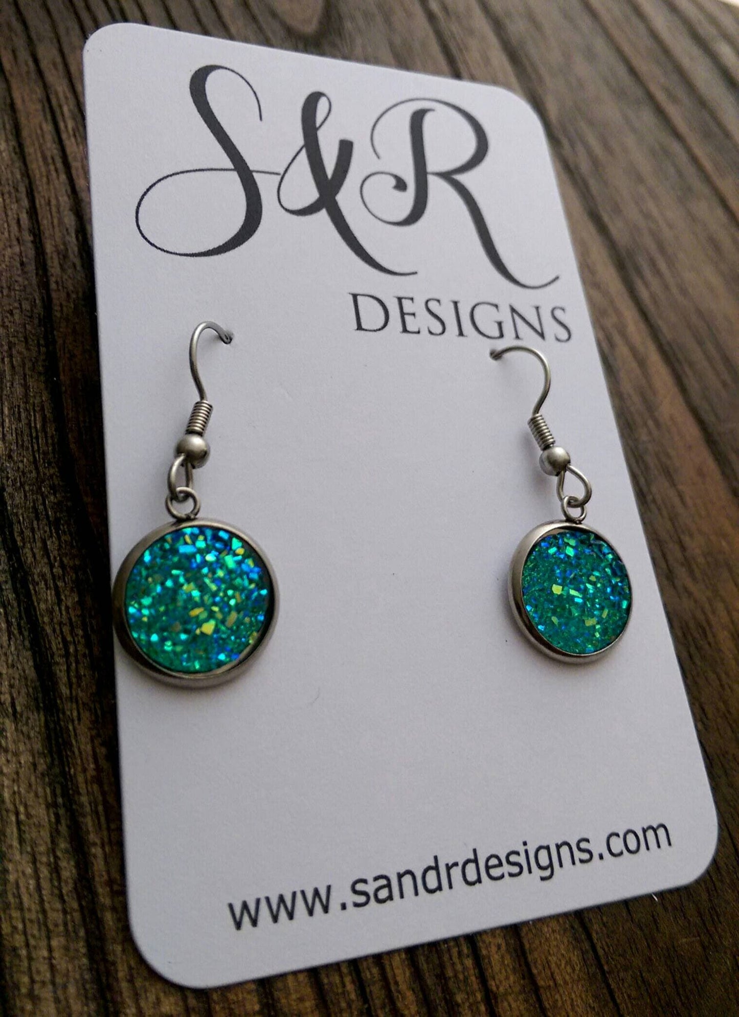 Green AB Sparkly Faux Druzy Dangle Earrings made of Stainless Steel