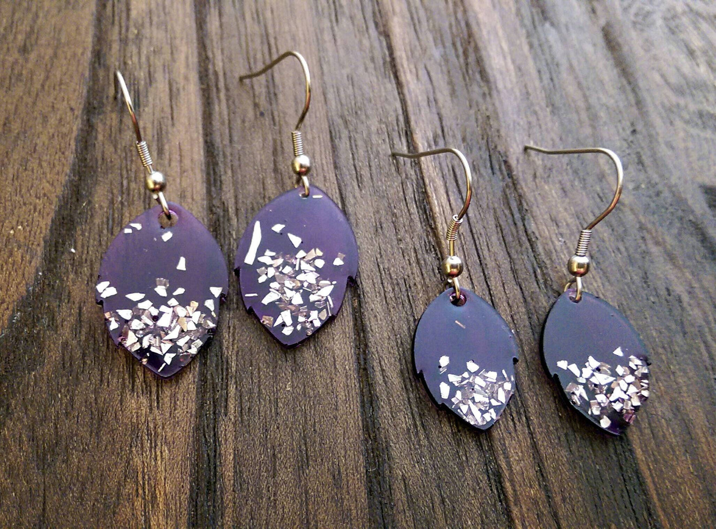 Purple Leaves Resin Long Earrings with Silver Glass Glitter choose size