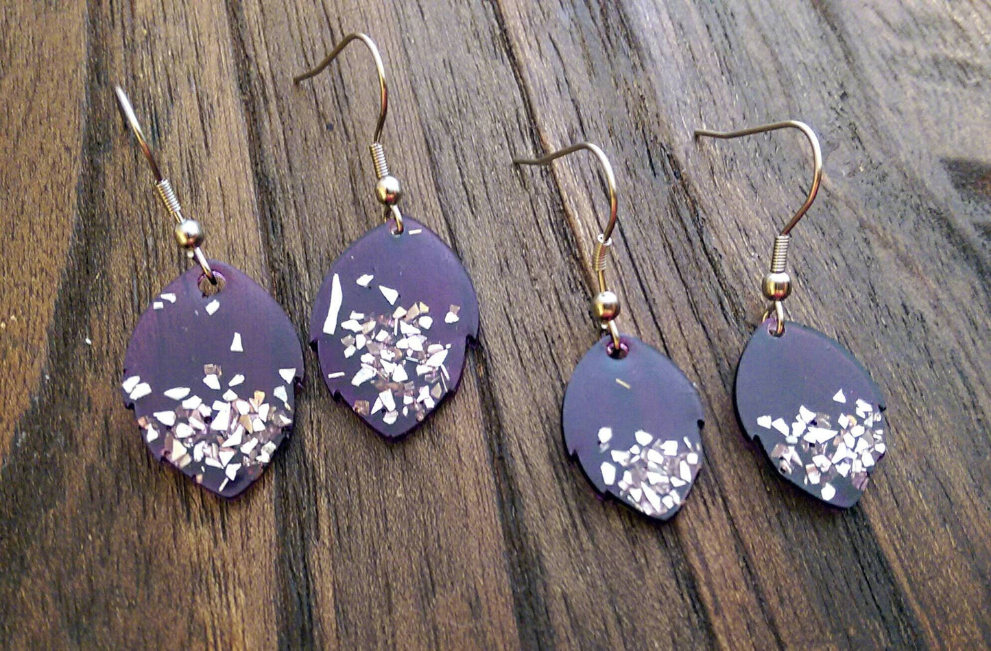 Purple Leaves Resin Long Earrings with Silver Glass Glitter choose size