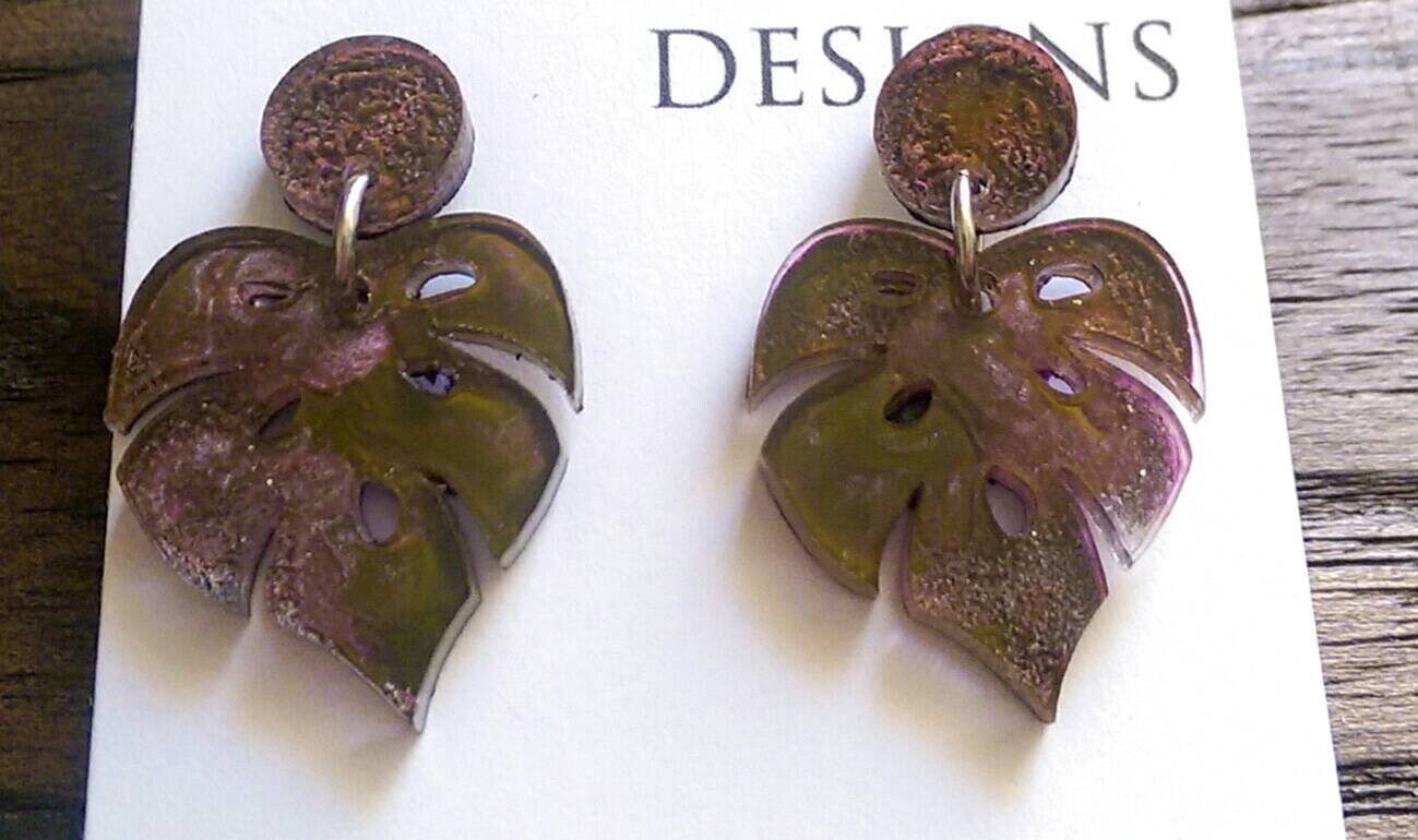 Monstera Leaf Resin Earrings, Purple Green Mix Leaf Resin Earrings, Stainless Steel Earrings, Statement Leaf Earrings