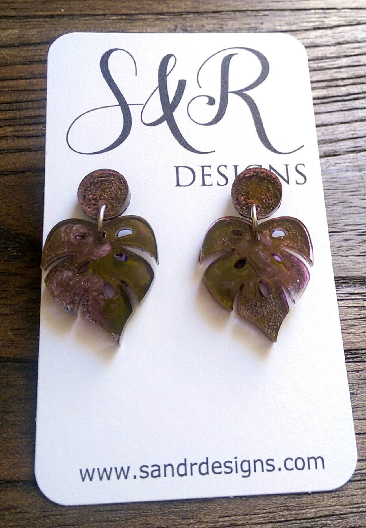 Monstera Leaf Resin Earrings, Purple Green Mix Leaf Resin Earrings, Stainless Steel Earrings, Statement Leaf Earrings
