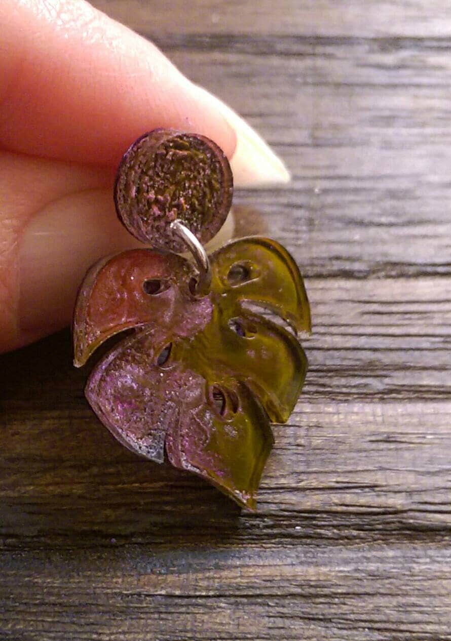 Monstera Leaf Resin Earrings, Purple Green Mix Leaf Resin Earrings, Stainless Steel Earrings, Statement Leaf Earrings