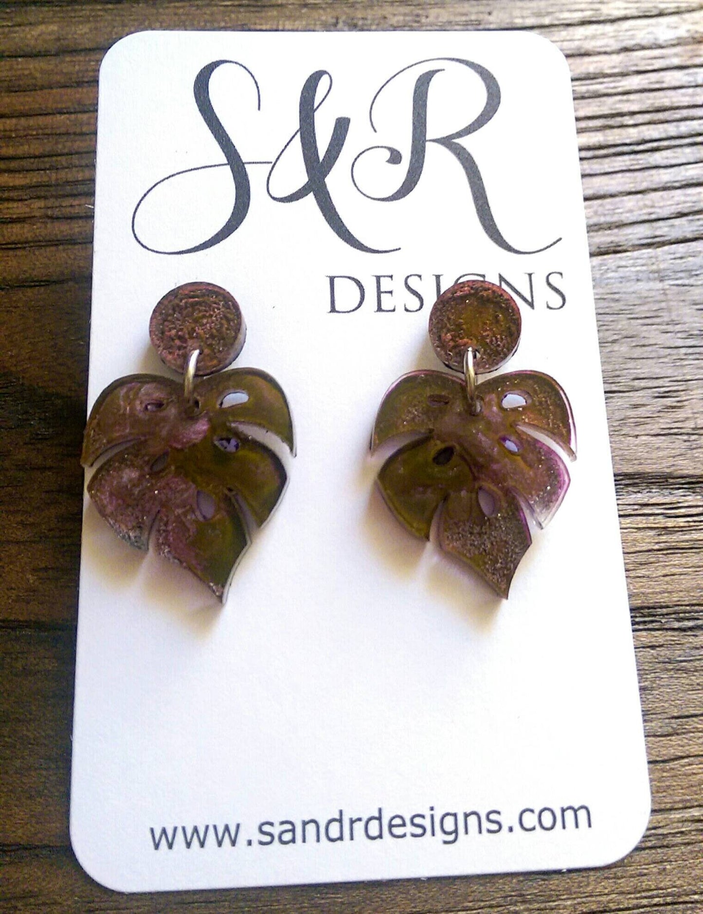 Monstera Leaf Resin Earrings, Purple Green Mix Leaf Resin Earrings, Stainless Steel Earrings, Statement Leaf Earrings