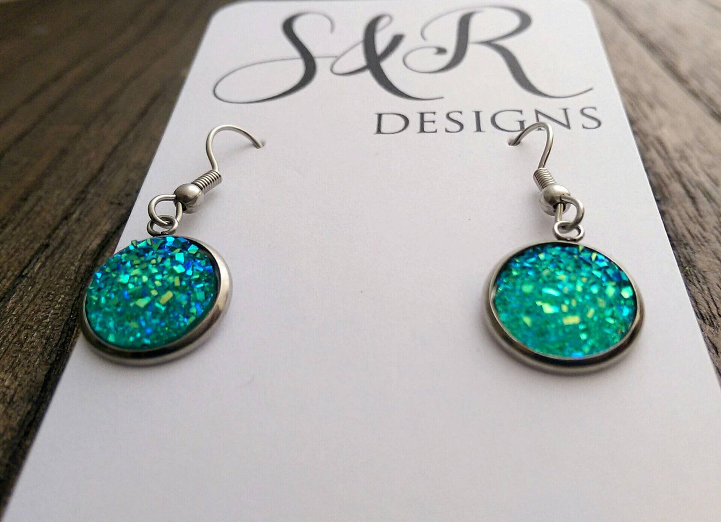 Green AB Sparkly Faux Druzy Dangle Earrings made of Stainless Steel