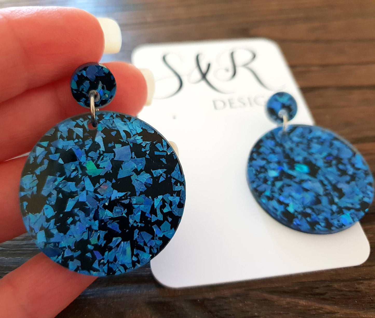 Statement Circle Long Dangle Earrings, Blue Shards Black Mix Earrings, Acrylic Earrings, Stainless Steel Earrings. Choose from 6 sizes