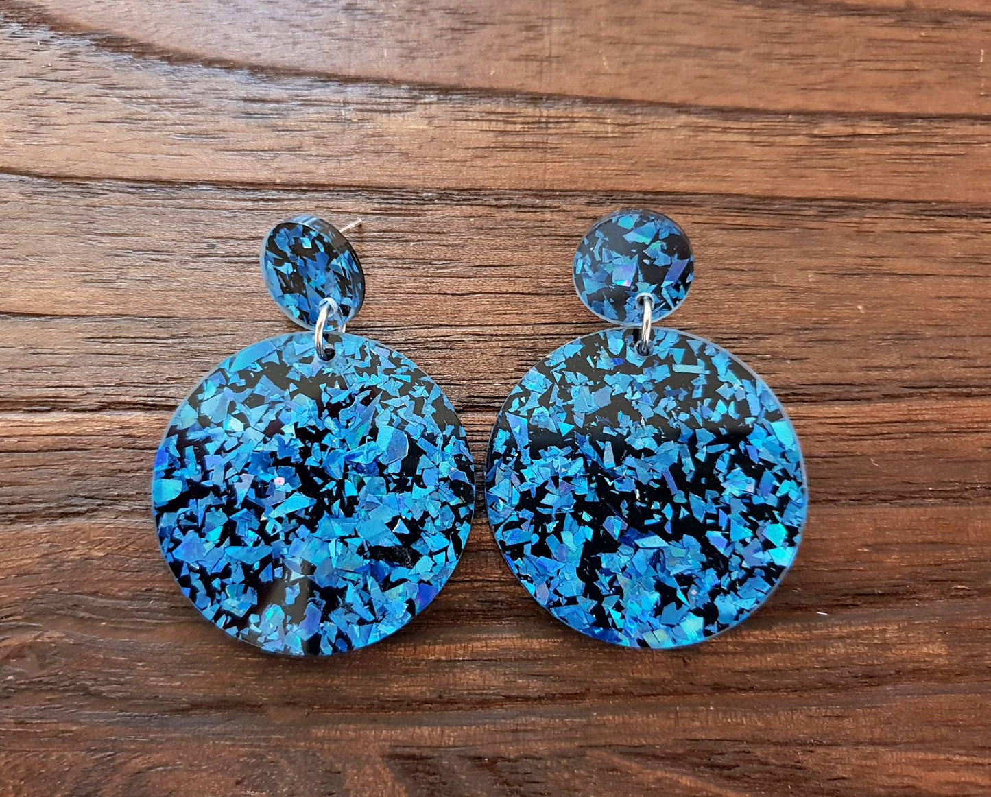 Statement Circle Long Dangle Earrings, Blue Shards Black Mix Earrings, Acrylic Earrings, Stainless Steel Earrings. Choose from 6 sizes