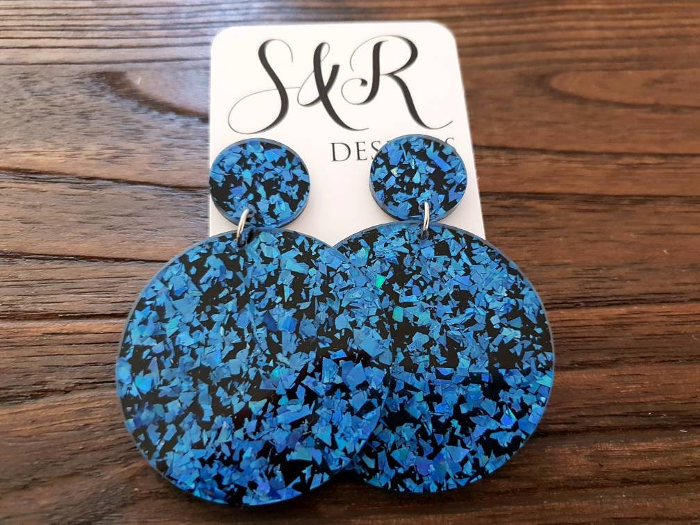 Statement Circle Long Dangle Earrings, Blue Shards Black Mix Earrings, Acrylic Earrings, Stainless Steel Earrings. Choose from 6 sizes