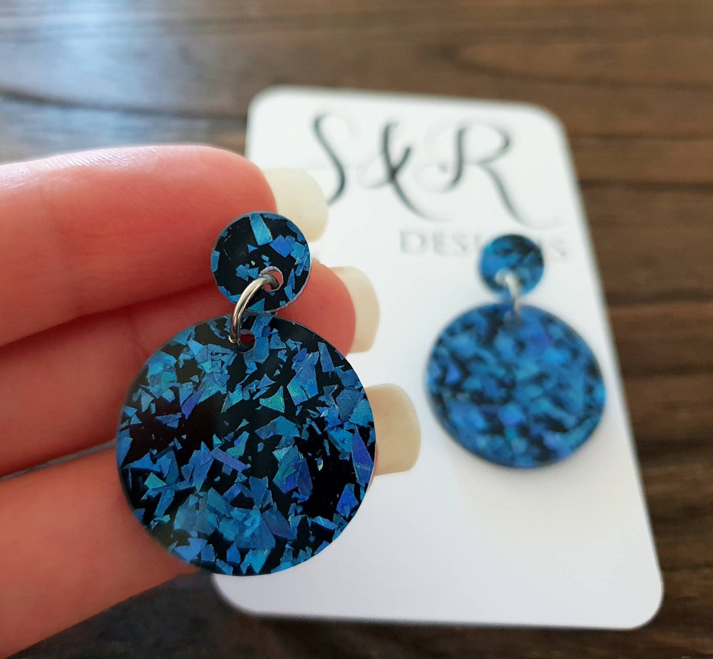 Statement Circle Long Dangle Earrings, Blue Shards Black Mix Earrings, Acrylic Earrings, Stainless Steel Earrings. Choose from 6 sizes