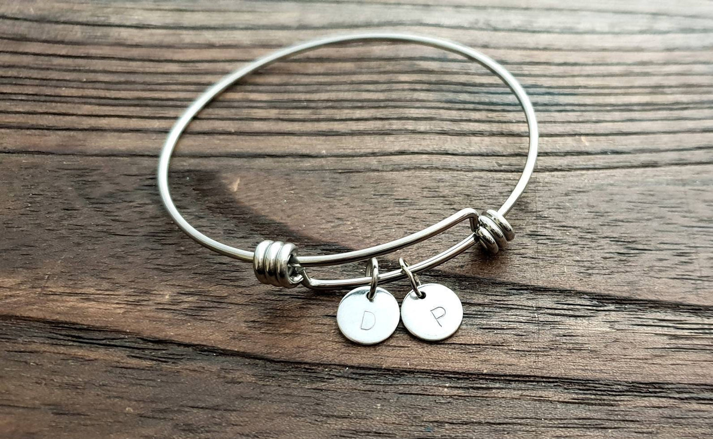 Personalised Initial Charm Bangle, Name Charm Bangle, Adjustable Bangle Stainless Steel