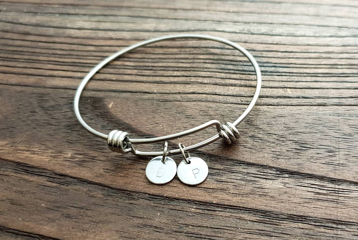 Personalised Initial Charm Bangle, Name Charm Bangle, Adjustable Bangle Stainless Steel