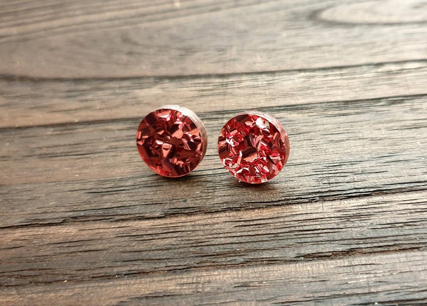 Rose Gold Chunky Glitter Circle Stud Earrings, Acrylic Earrings, Stainless Steel Earrings.