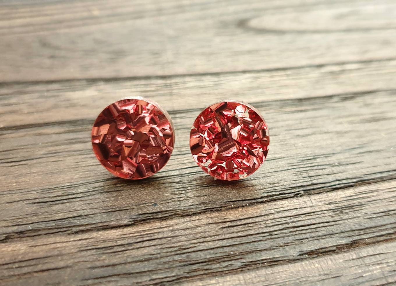Rose Gold Chunky Glitter Circle Stud Earrings, Acrylic Earrings, Stainless Steel Earrings.