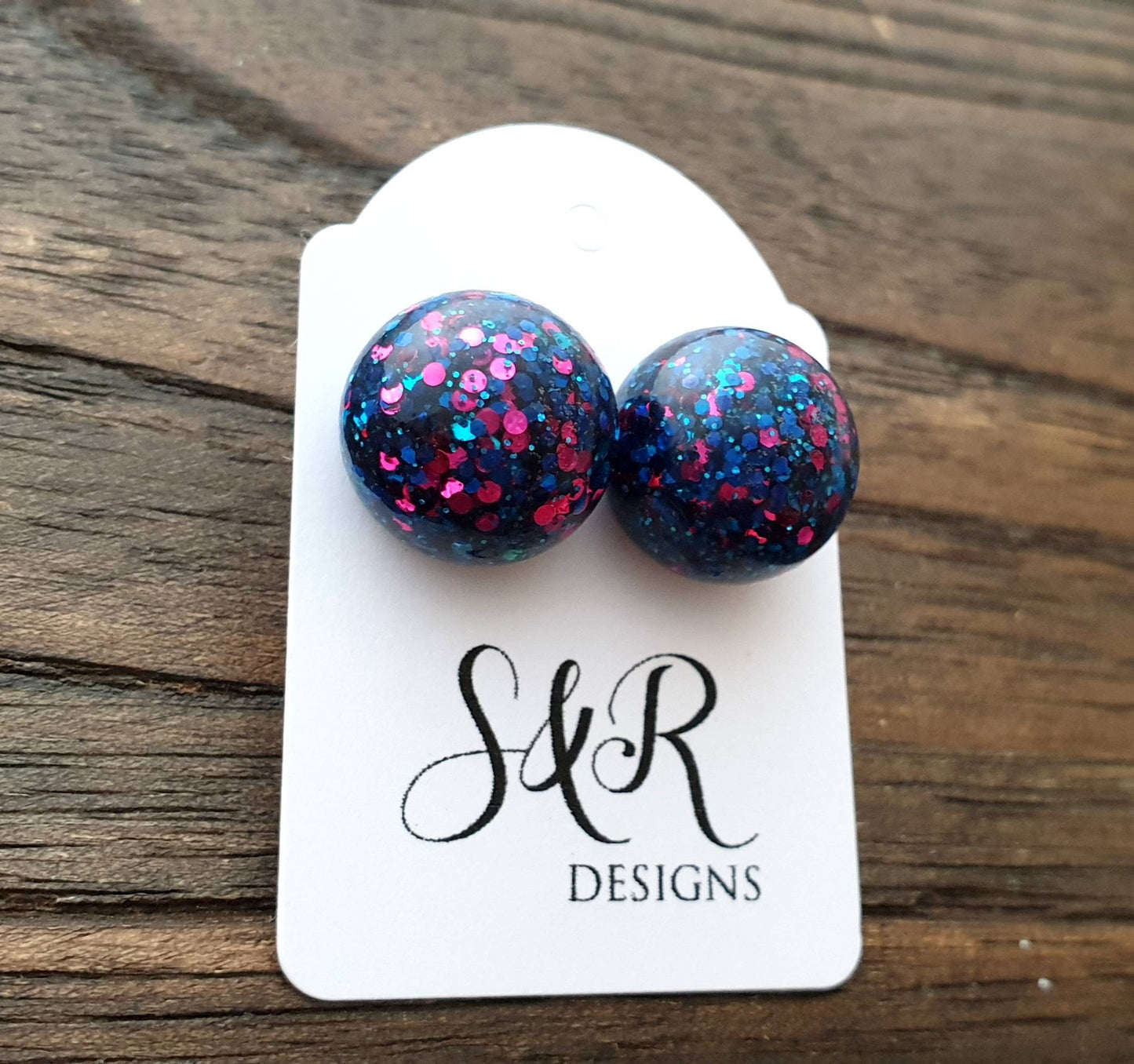 Resin Ball Stud earrings Blue Pink Glitter Earrings, stainless steel earrings 14mm