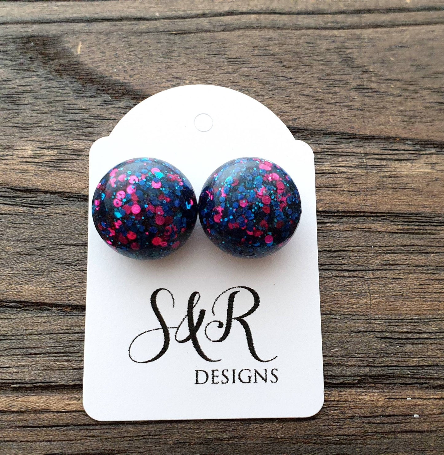 Resin Ball Stud earrings Blue Pink Glitter Earrings, stainless steel earrings 14mm