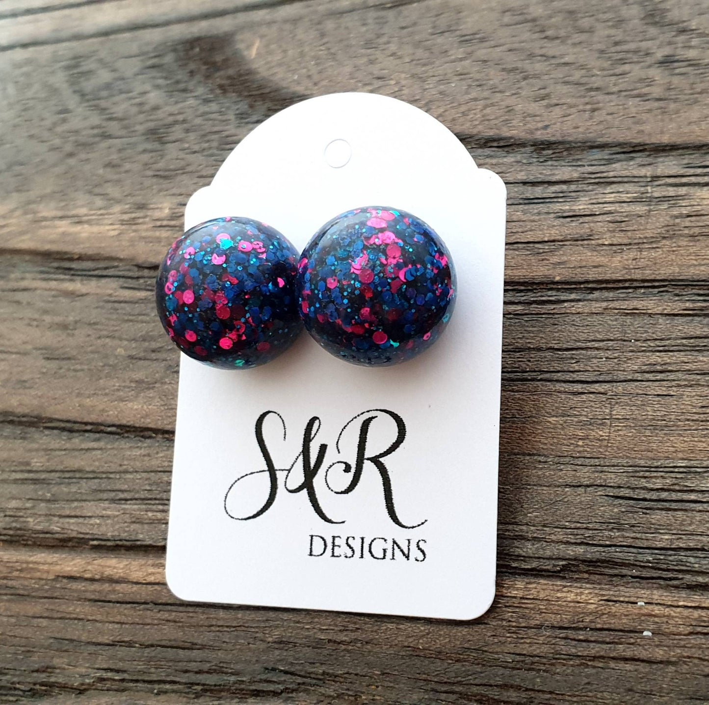 Resin Ball Stud earrings Blue Pink Glitter Earrings, stainless steel earrings 14mm
