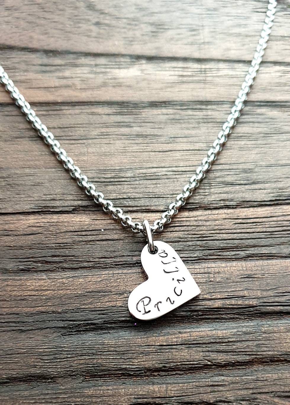 Personalised Heart Name Necklace, Minimalist Necklace, Hand Stamped Name Necklace add Name, Date or Initials, Personalized Gift
