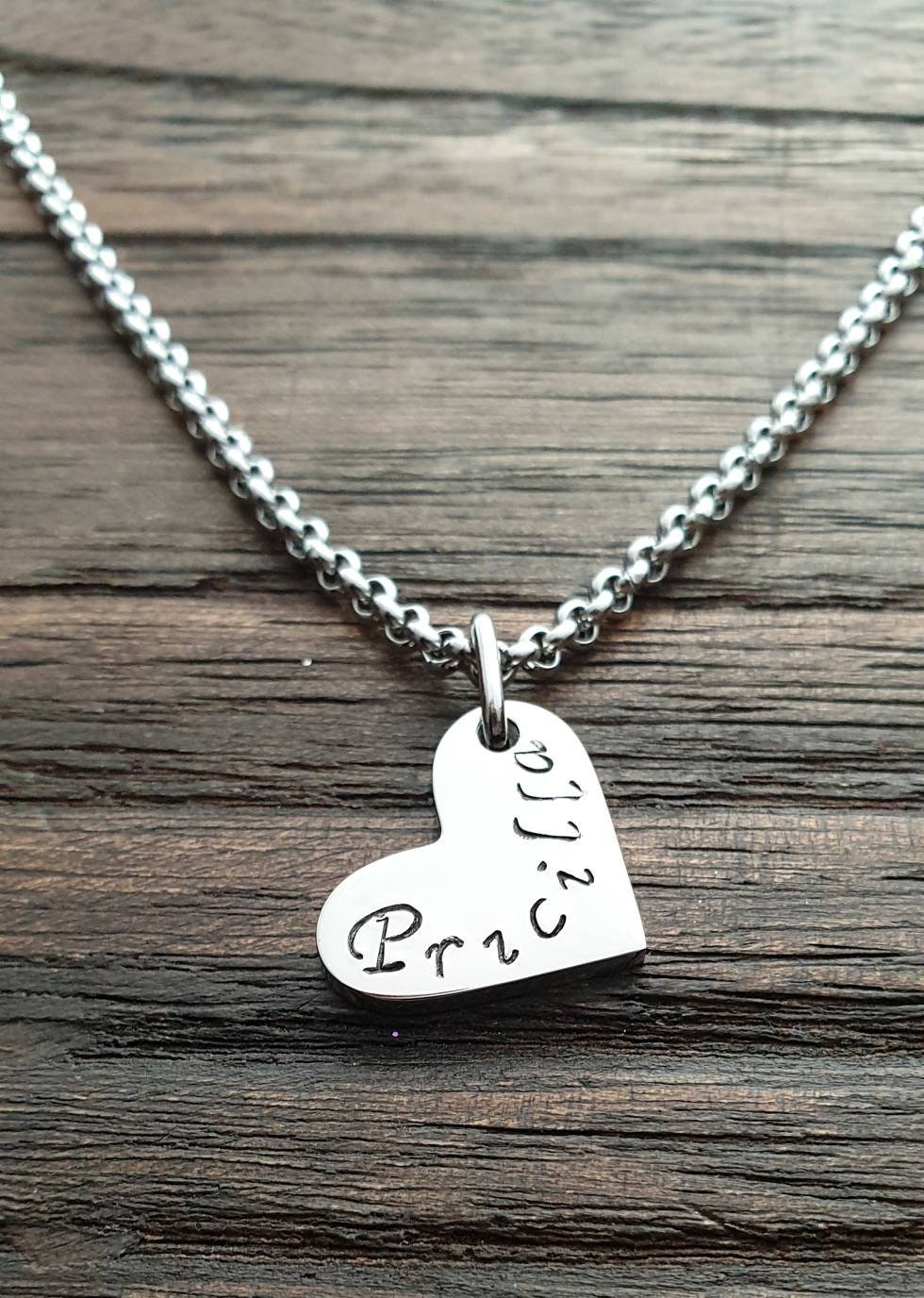 Personalised Heart Name Necklace, Minimalist Necklace, Hand Stamped Name Necklace add Name, Date or Initials, Personalized Gift
