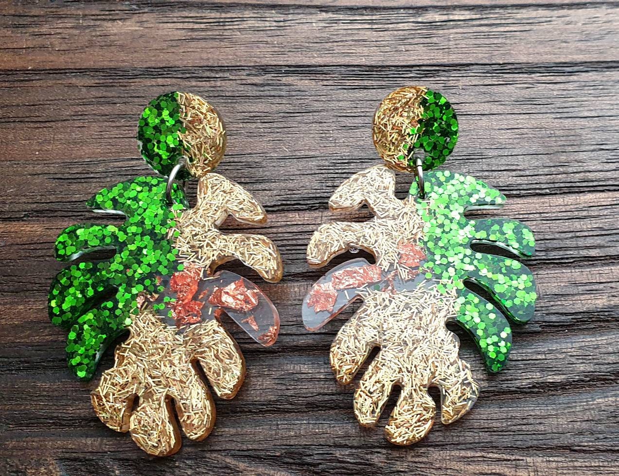 Large Monstera Leaf Long Dangle Earrings, Green, Gold Glitter Rosegold Leaf Dangle, Statement Resin Earrings, Stainless Steel
