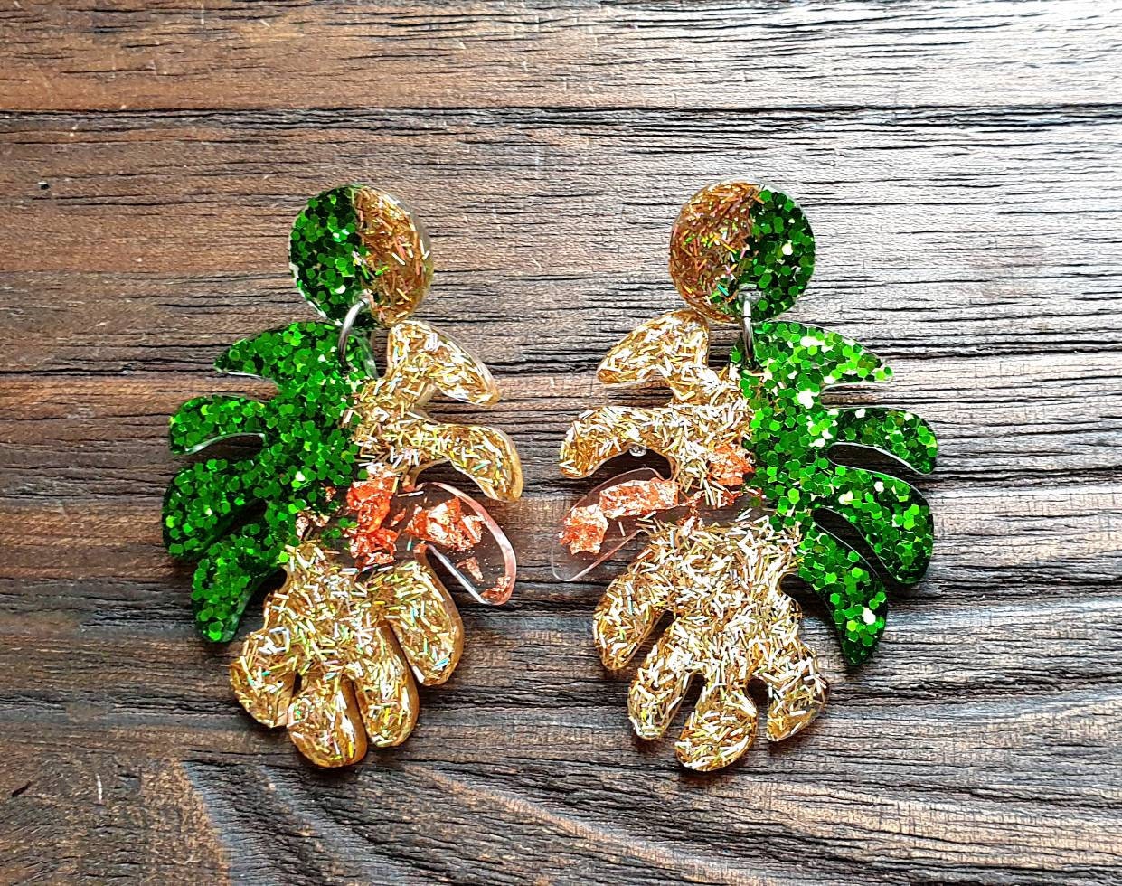Large Monstera Leaf Long Dangle Earrings, Green, Gold Glitter Rosegold Leaf Dangle, Statement Resin Earrings, Stainless Steel