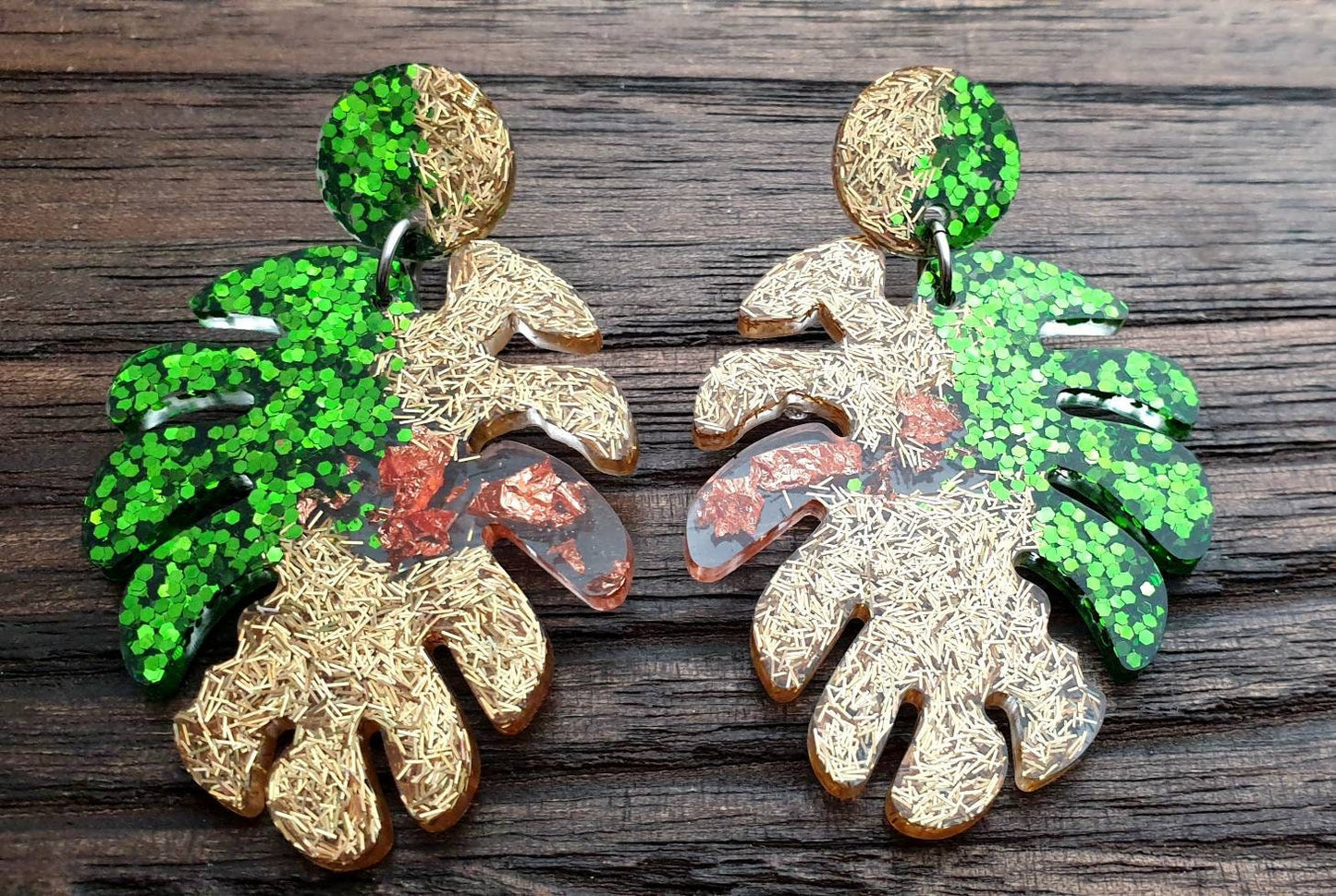 Large Monstera Leaf Long Dangle Earrings, Green, Gold Glitter Rosegold Leaf Dangle, Statement Resin Earrings, Stainless Steel