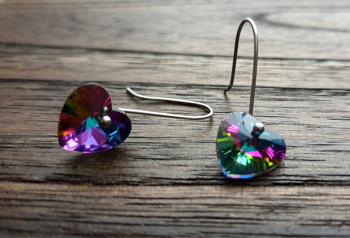 Multi coloured Heart Dangle Drop Earrings, Glass Crysta Faceted Heart Hook Earrings, Stainless Steel Earrings, Lightweight, Sparkly