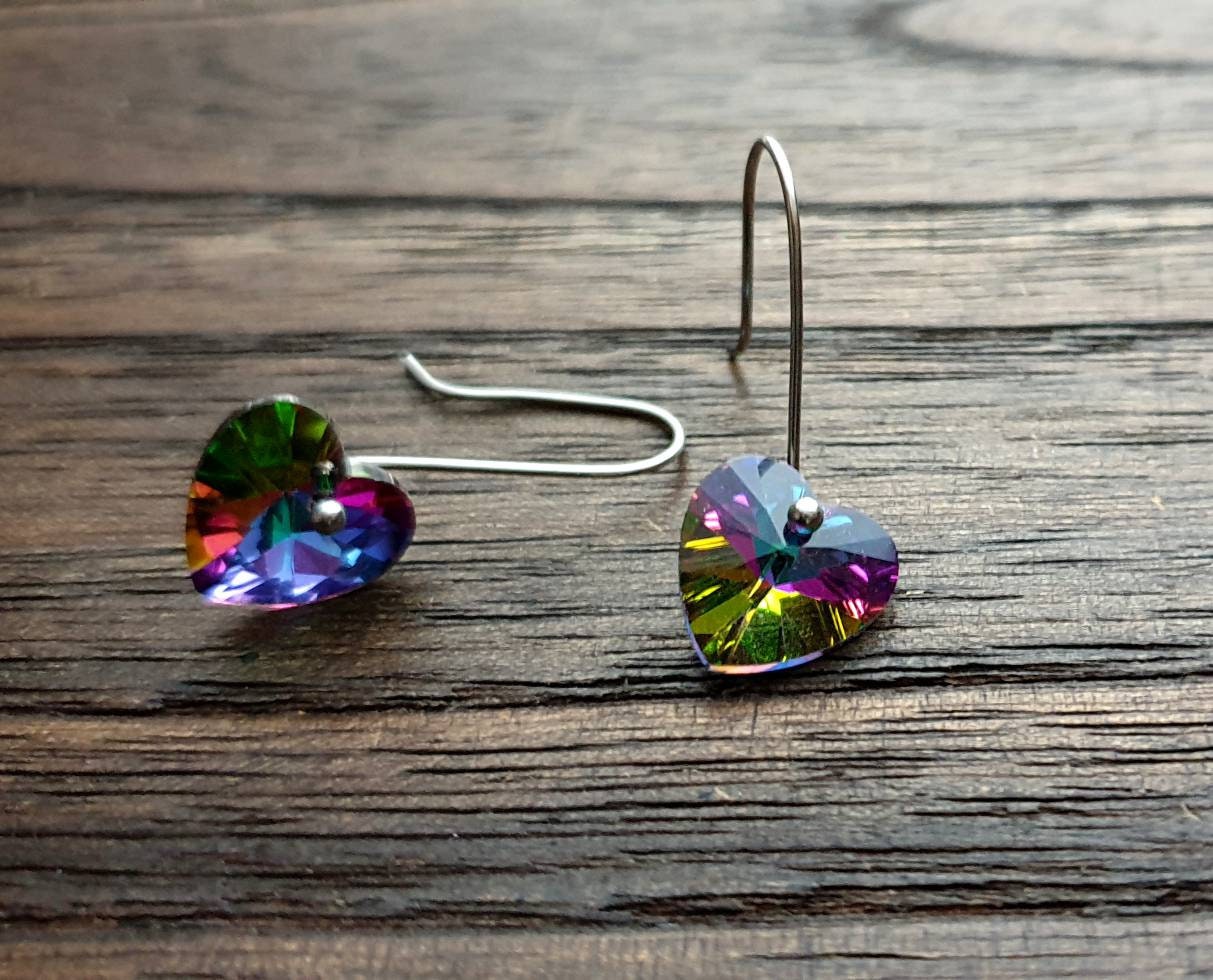 Multi coloured Heart Dangle Drop Earrings, Glass Crysta Faceted Heart Hook Earrings, Stainless Steel Earrings, Lightweight, Sparkly