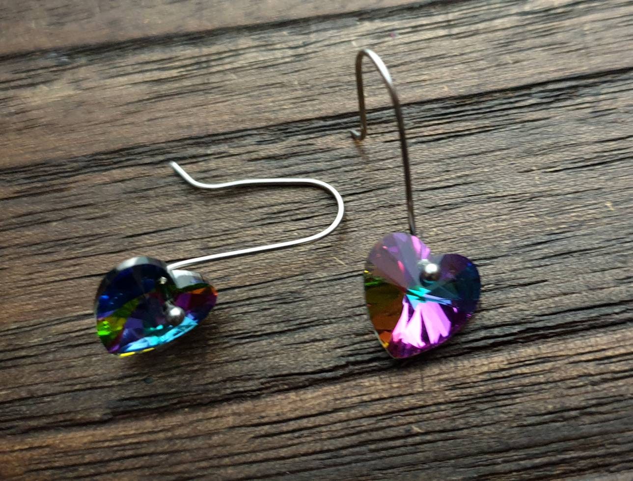 Multi coloured Heart Dangle Drop Earrings, Glass Crysta Faceted Heart Hook Earrings, Stainless Steel Earrings, Lightweight, Sparkly