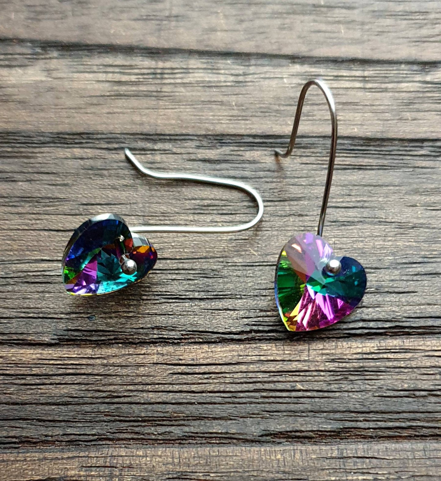 Multi coloured Heart Dangle Drop Earrings, Glass Crysta Faceted Heart Hook Earrings, Stainless Steel Earrings, Lightweight, Sparkly