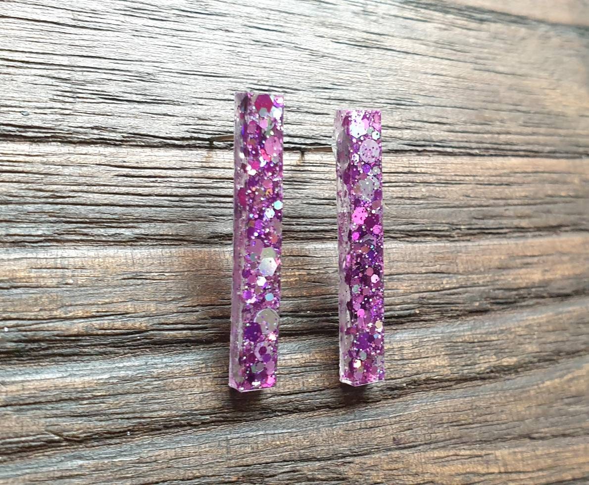 Long Bar Stud Earrings, Purple Silver Holographic Glitter Earrings, Bar Resin Dangle Earrings, Stainless Steel Earrings, Statement Earrings