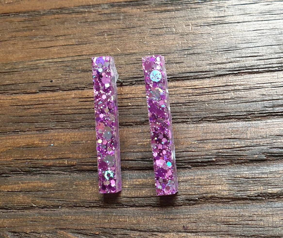 Long Bar Stud Earrings, Purple Silver Holographic Glitter Earrings, Bar Resin Dangle Earrings, Stainless Steel Earrings, Statement Earrings