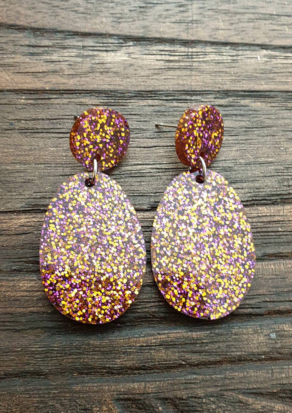 Statement Oval Long Resin Earrings, Purple Gold Glitter Resin Earrings, Stainless Steel Earrings, Bridesmaid Earrings, Bride Earrings